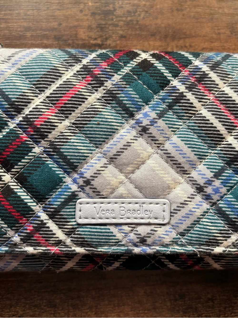 Vera Bradley Teal Green Plaid Quilted Wallet with Red Accents